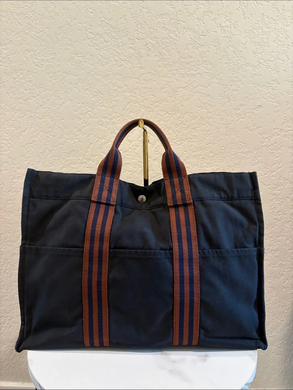 Hermes 12x17 ” Canvas Tote Unisex - Navy with Brown Straps Handbag